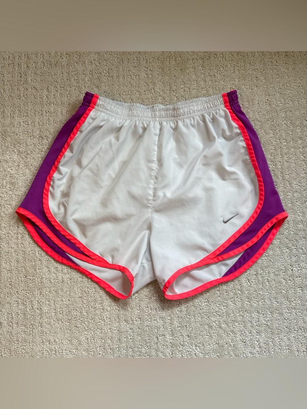 Nike White Women's Athletic Shorts with Purple Panels and Neon Pink Trim